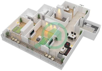 المخططات الطابقية لتصميم النموذج / الوحدة S/6,7 شقة 2 غرفة نوم - أوك وود ريزيدينسي