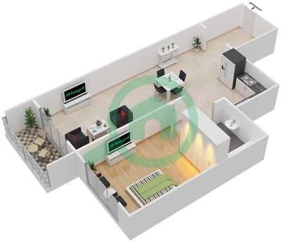 المخططات الطابقية لتصميم النموذج / الوحدة I/9 شقة 1 غرفة نوم - أوك وود ريزيدينسي
