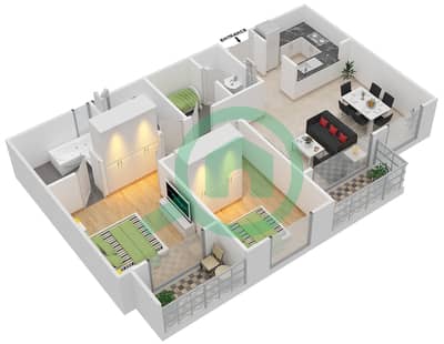 المخططات الطابقية لتصميم النموذج 2 شقة 2 غرفة نوم - برج سنتريوم 4