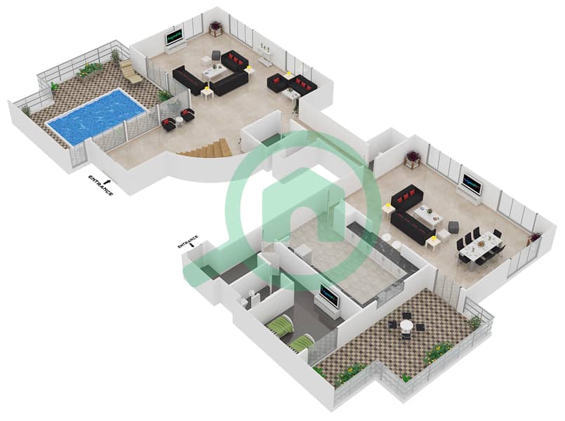 المخططات الطابقية لتصميم النموذج B بنتهاوس 4 غرف نوم - بحر 2 Lower Floor image3D