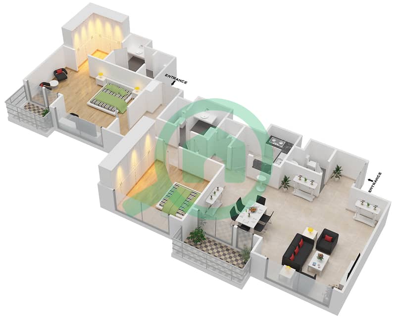 المخططات الطابقية لتصميم الوحدة U25 شقة 2 غرفة نوم - بحر 2 image3D