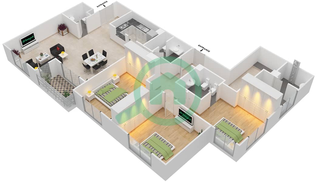 巴哈尔2号楼 - 3 卧室公寓单位U36戶型图 image3D
