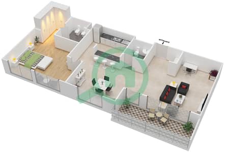 المخططات الطابقية لتصميم الوحدة U13 شقة 1 غرفة نوم - بحر 2