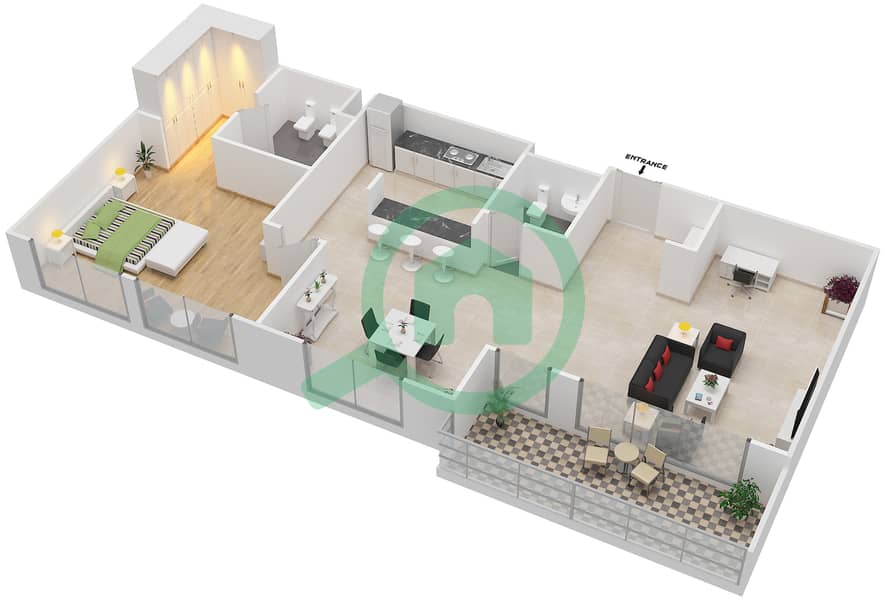 Бахар 2 - Апартамент 1 Спальня планировка Единица измерения U13 image3D