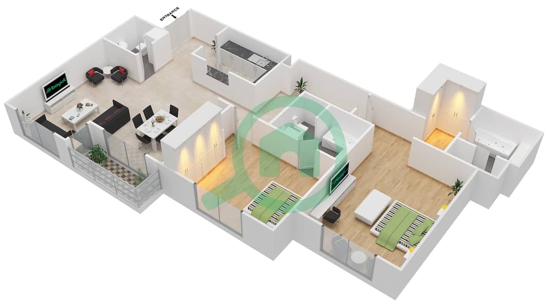 المخططات الطابقية لتصميم الوحدة U26 شقة 2 غرفة نوم - بحر 2 image3D
