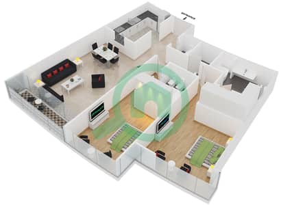 المخططات الطابقية لتصميم النموذج A1 شقة 2 غرفة نوم - الفتان مارين تاورز