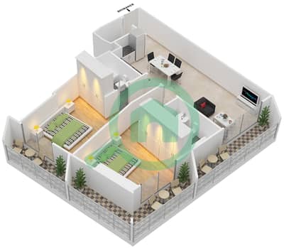 المخططات الطابقية لتصميم النموذج 1 شقة 2 غرفة نوم - برج ليليان