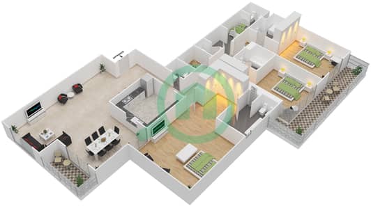 المخططات الطابقية لتصميم النموذج 3B-A شقة 3 غرف نوم - جرين ليك 3