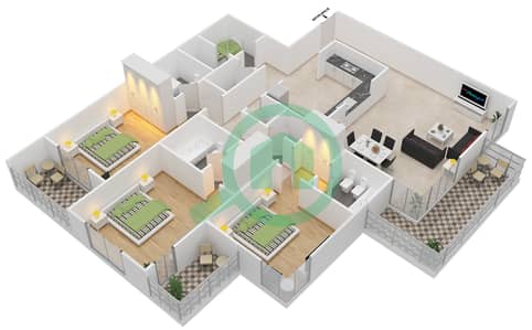 المخططات الطابقية لتصميم النموذج 3B-B شقة 3 غرف نوم - جرين ليك 3