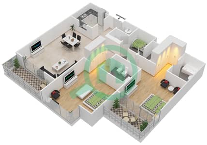 المخططات الطابقية لتصميم النموذج 2B-A شقة 2 غرفة نوم - جرين ليك 3