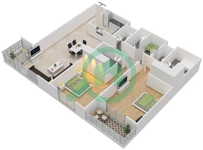 المخططات الطابقية لتصميم النموذج 2B-B شقة 2 غرفة نوم - جرين ليك 3