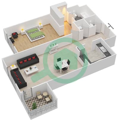 المخططات الطابقية لتصميم النموذج 1-B-A شقة 1 غرفة نوم - جرين ليك 3