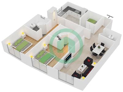 المخططات الطابقية لتصميم النموذج C2 شقة 2 غرفة نوم - برج أيكون 2
