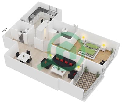 المخططات الطابقية لتصميم النموذج D1 شقة 1 غرفة نوم - برج أيكون 2