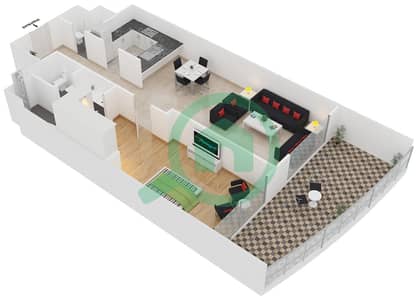 المخططات الطابقية لتصميم النموذج D شقة 1 غرفة نوم - برج لاجونا