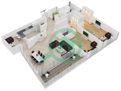 المخططات الطابقية لتصميم النموذج B شقة 2 غرفة نوم - برج مدينة