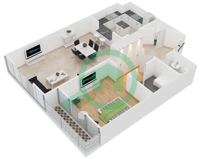 المخططات الطابقية لتصميم النموذج A شقة 1 غرفة نوم - برج مدينة