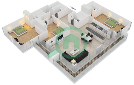 المخططات الطابقية لتصميم النموذج B3-2 شقة 3 غرف نوم - برج قوس دبي