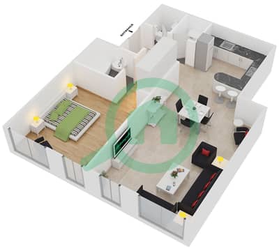 المخططات الطابقية لتصميم النموذج B1-6 شقة 1 غرفة نوم - برج قوس دبي