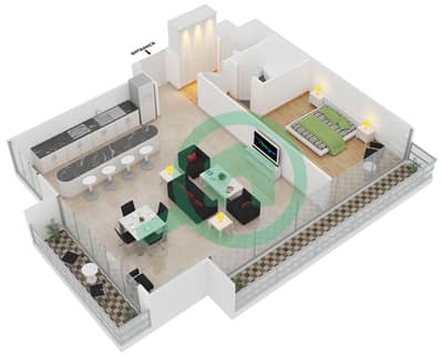 المخططات الطابقية لتصميم النموذج B1-3 شقة 1 غرفة نوم - برج قوس دبي