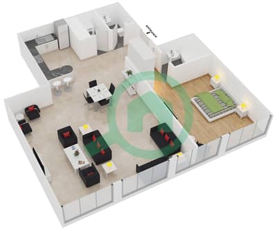 المخططات الطابقية لتصميم النموذج B1-2 شقة 1 غرفة نوم - برج قوس دبي