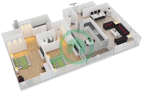 المخططات الطابقية لتصميم النموذج 2 شقة 2 غرفة نوم - برج السيف 2