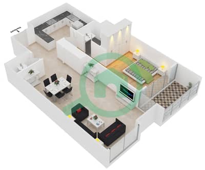 المخططات الطابقية لتصميم النموذج 1 شقة 1 غرفة نوم - برج الشراع