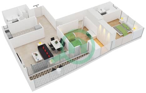 المخططات الطابقية لتصميم النموذج 2 شقة 2 غرفة نوم - برج V3