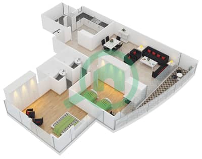المخططات الطابقية لتصميم النموذج 1 شقة 2 غرفة نوم - برج V3