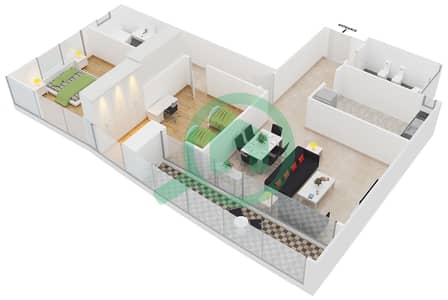 المخططات الطابقية لتصميم النموذج 4 شقة 2 غرفة نوم - برج V3