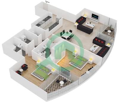 المخططات الطابقية لتصميم النموذج D شقة 2 غرفة نوم - برج ليك شور