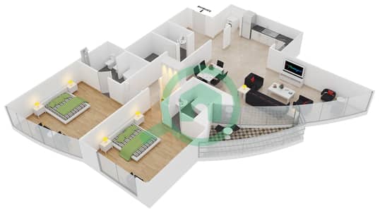 المخططات الطابقية لتصميم النموذج C شقة 2 غرفة نوم - برج ليك شور
