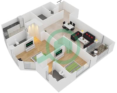 المخططات الطابقية لتصميم النموذج B شقة 2 غرفة نوم - برج ليك شور