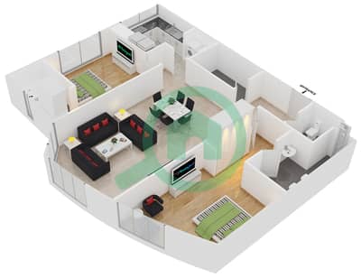 المخططات الطابقية لتصميم النموذج A شقة 2 غرفة نوم - برج ليك شور