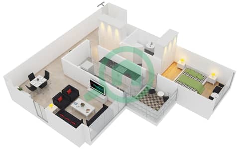 المخططات الطابقية لتصميم النموذج C شقة 1 غرفة نوم - برج ليك بوينت