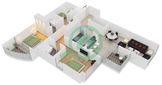 المخططات الطابقية لتصميم النموذج A شقة 2 غرفة نوم - برج ليك بوينت