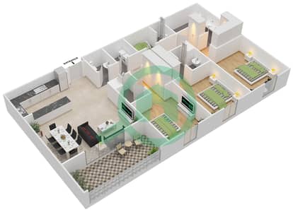 المخططات الطابقية لتصميم النموذج C شقة 3 غرف نوم - الأندلس