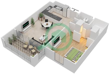 المخططات الطابقية لتصميم النموذج A شقة 1 غرفة نوم - الأندلس