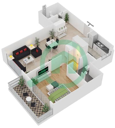 المخططات الطابقية لتصميم النموذج P شقة 1 غرفة نوم - برايم فيوز