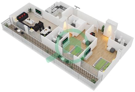 المخططات الطابقية لتصميم النموذج F شقة 2 غرفة نوم - برايم فيوز