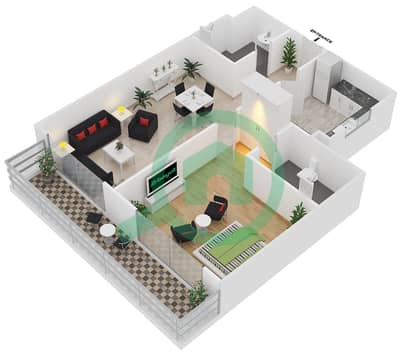المخططات الطابقية لتصميم النموذج E شقة 1 غرفة نوم - برايم فيوز