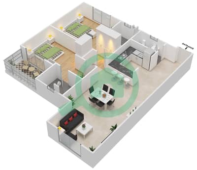 Dar Al Jawhara Residence - 2 Bed Apartments Type 3 Floor plan