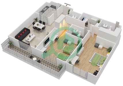 المخططات الطابقية لتصميم الوحدة 408 شقة 2 غرفة نوم - بارك سكوير