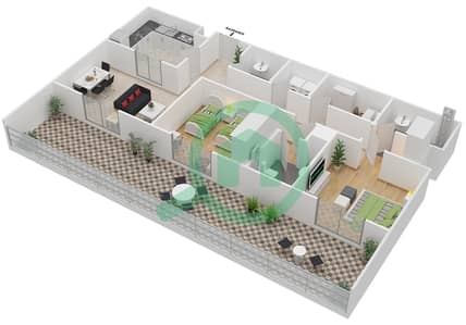 المخططات الطابقية لتصميم الوحدة 404 شقة 2 غرفة نوم - بارك سكوير