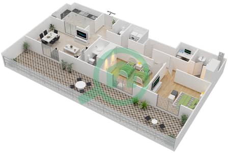 المخططات الطابقية لتصميم الوحدة 403 شقة 2 غرفة نوم - بارك سكوير