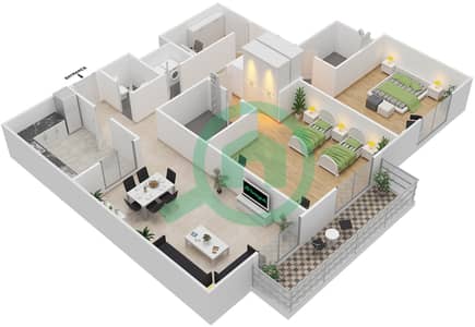 المخططات الطابقية لتصميم الوحدة 402 شقة 2 غرفة نوم - بارك سكوير