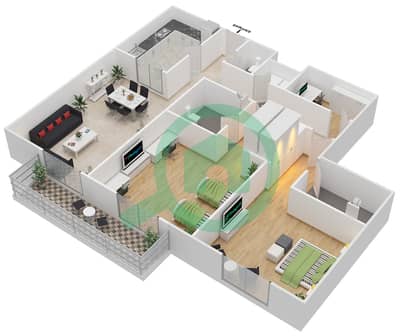 المخططات الطابقية لتصميم الوحدة 102,202,302 شقة 2 غرفة نوم - بارك سكوير