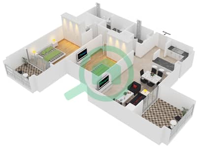 المخططات الطابقية لتصميم النموذج 3 شقة 2 غرفة نوم - حياتي ريزيدنس
