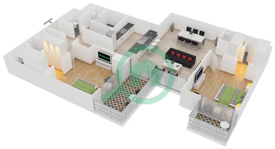 المخططات الطابقية لتصميم النموذج 8 شقة 2 غرفة نوم - بلجرافيا 2