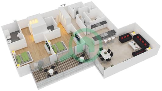 المخططات الطابقية لتصميم النموذج 3-A شقة 2 غرفة نوم - بلجرافيا 2